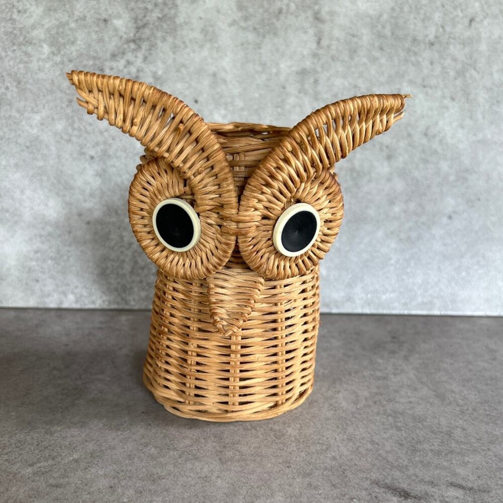 Vintage wicker Owl pencil holder boho home decor organizer shelf sitter unique